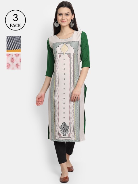 

Ethnic basket Women Pack of 3 Multicoloured Ethnic Motifs Printed Crepe Kurta, Multi