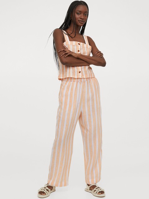

H&M Women Orange & White Striped Cropped Linen Trousers