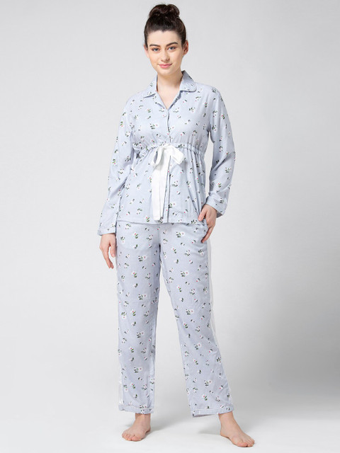 

ADORENITE Women Blue & White Printed Night Suit