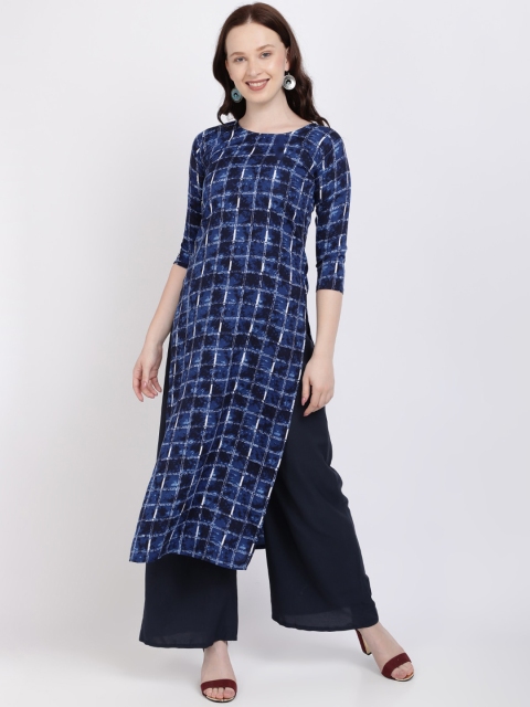 

Florence Women Navy Blue Printed Crepe Regular Straight Kurta with Palazzos