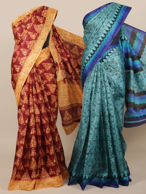 

Pothys Maroon & Blue Pack of 2 Jute Silk Printed Saree