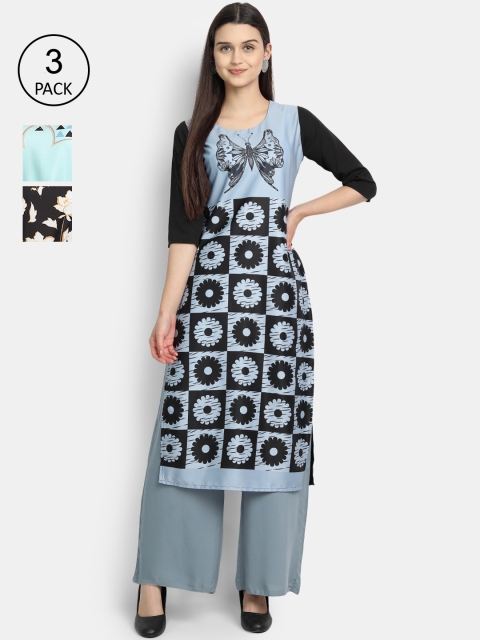 

Ethnic basket Women Pack of 3 Ethnic Motifs Printed Regular Sleeves Thread Kurta, Black