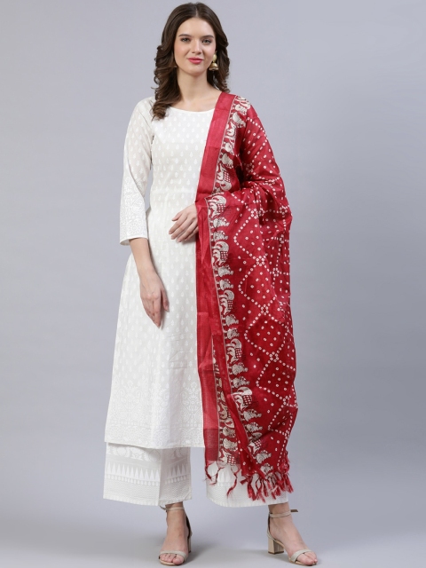 

Nayo Women Off White & Red Screen Print A-Line Pure Cotton Kurta & Palazzos With Dupatta