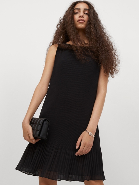 

H&M Women Black Solid Pleated A-Line Dress