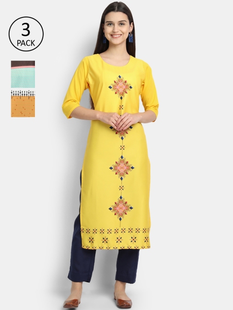 

Ethnic basket Women Pack Of 3 Ethnic Motifs Printed Crepe Kurtas, Yellow