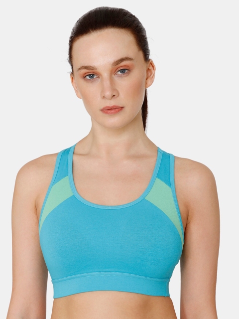 

Zelocity by Zivame Blue & Green Solid Non-Wired Removable Padding Workout Bra ZC404OFASH0BLUE