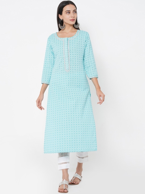 

FASHOR Women Turquoise Blue & White Ethnic Motifs Printed Mirror Work Kurta