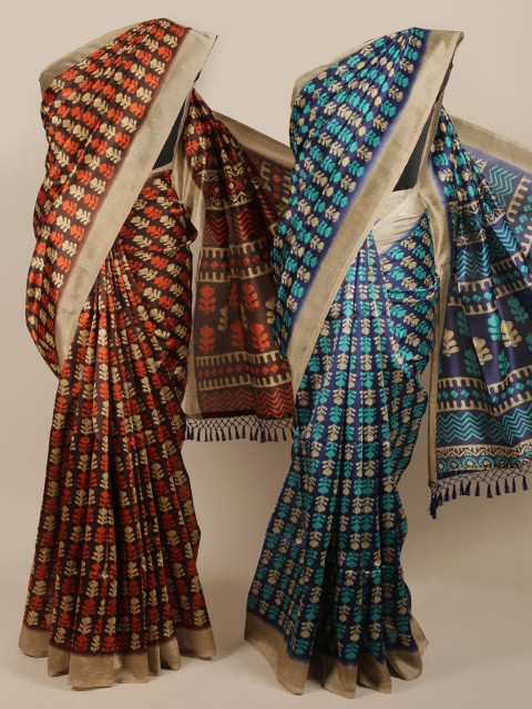 

Pothys Pack Of 2 Brown & Blue Jute Silk Printed Saree
