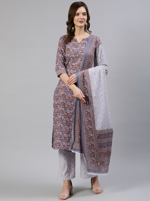 

Nayo Women Rust Orange & Lavender Screen Print Straight Pure Cotton Kurta Set With Dupatta