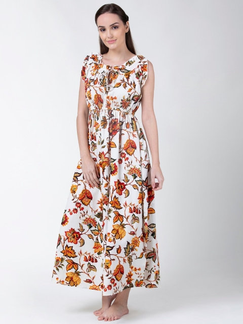 

ADORENITE White & Mustard Yellow Printed Nightdress