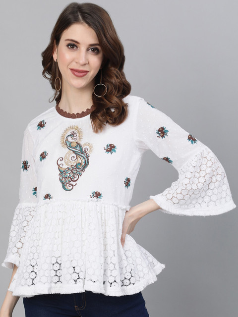 

Ishin DESIGNER STUDIO White Floral Embroidered A-Line Top