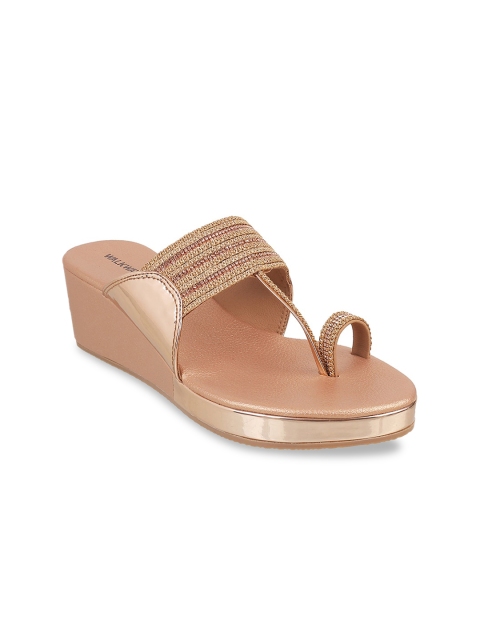 

WALKWAY Women Gold-Toned Woven Design Embellished Wedges