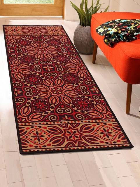 

RUGSMITH Beige & Red Floral Printed Premium Quality Anti-Skid Woolen Floor Runner