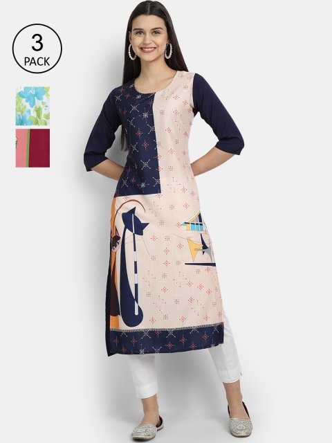 

Ethnic basket Women Pack Of 3 Multicoloured Floral Printed Crepe Kurta, Multi