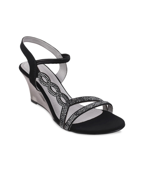 

WALKWAY Women Black & Silver-Toned Studded Wedges