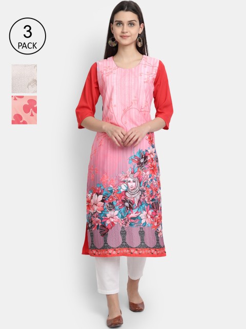 

Ethnic basket Women Pack Of 3 Multicoloured Ethnic Motifs Printed Crepe Kurta, Multi