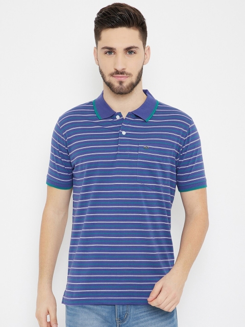 

Duke Men Navy Blue & White Striped Cotton Slim Fit Polo Collar T-shirt