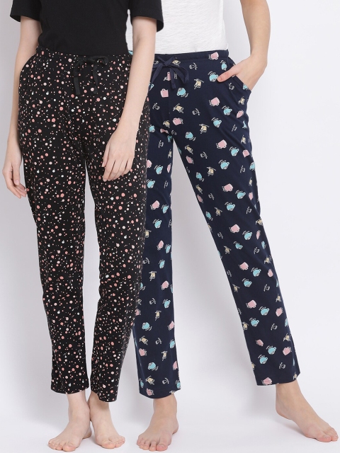 

Kanvin Women Pack Of 2 Printed Cotton Lounge Pants, Navy blue