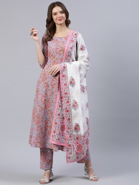 

Nayo Women Pink & Red Floral Screen Print A-Line Pure Cotton Kurta Set With Dupatta