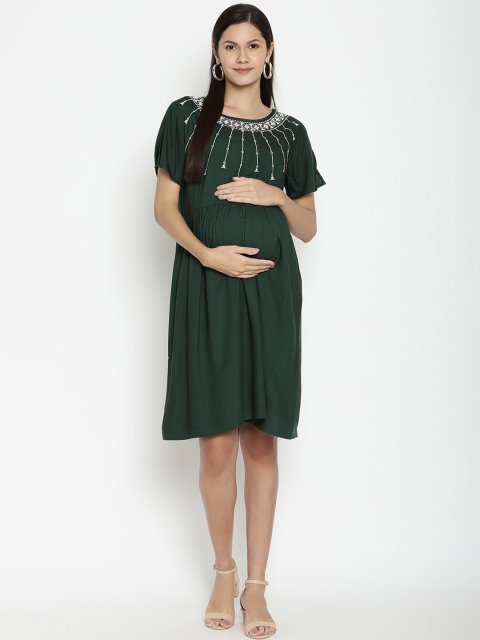 

The Vanca Women Green Embroidered Detail Maternity A-Line Dress