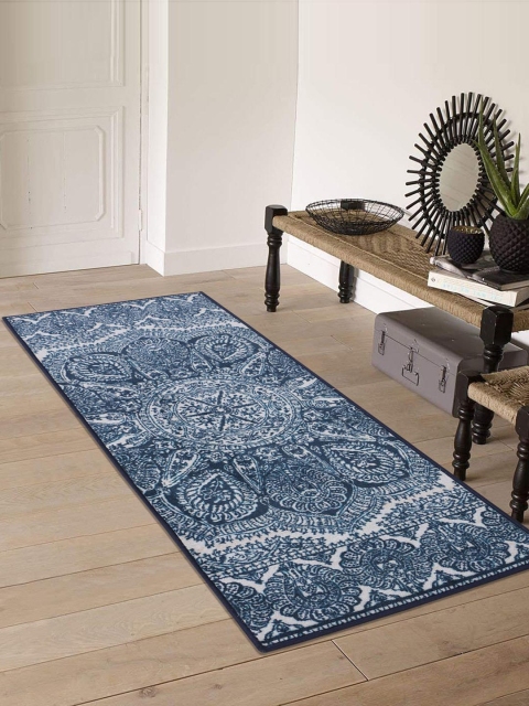 

RUGSMITH Navy Blue & White Patterned Anti-Skid Rectangular Floor Runner