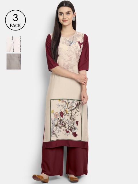 

Ethnic basket Women Pack Of 3 Multicoloured Floral Printed Crepe Kurta, Multi