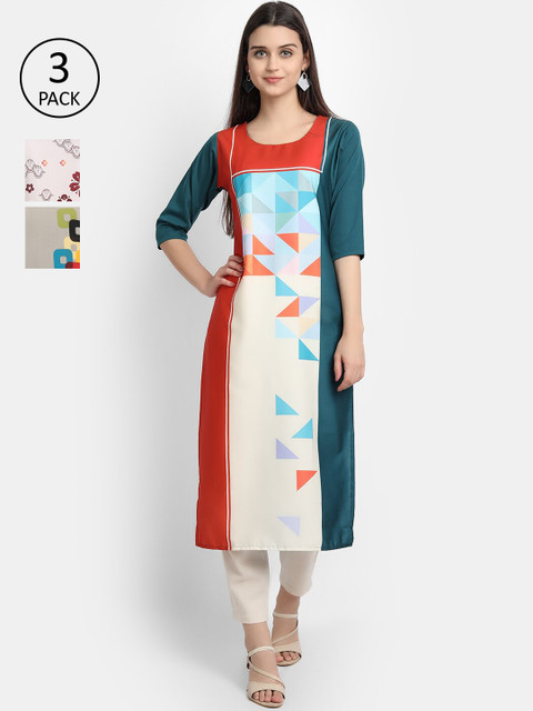 

Ethnic basket Women Pack Of 3 Multicoloured Floral Printed Crepe Kurta, Multi