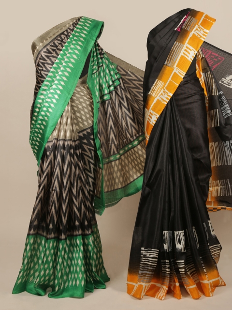 

Pothys Black & Multicoloured Pack of 2 Jute Silk Printed Saree
