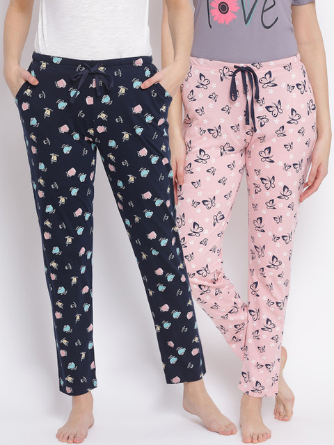 

Kanvin Women Pack Of 2 Printed Pure Cotton Lounge Pants, Navy blue