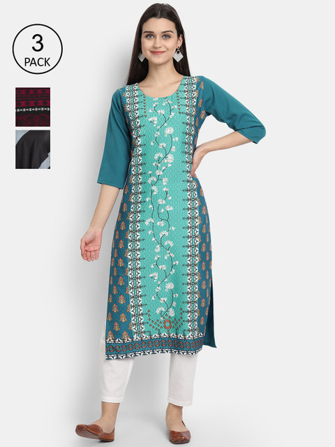 

Ethnic basket Women Pack Of 3 Multicoloured Ethnic Motifs Printed Crepe Kurta, Multi