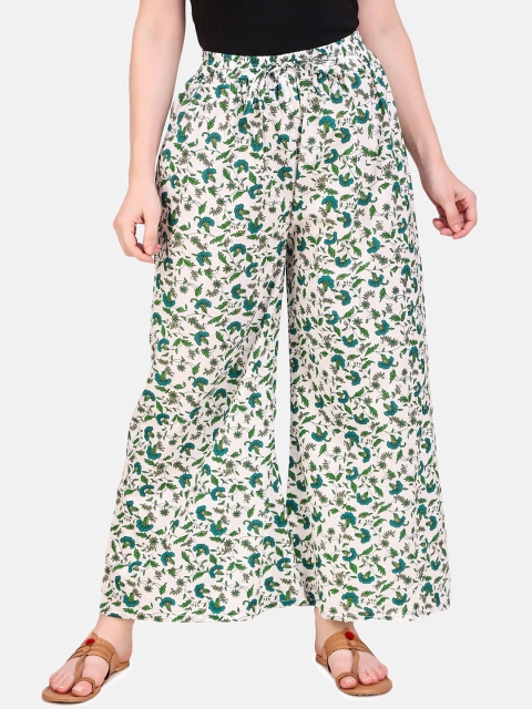 

Aawari Women White & Green Regular Fit Printed Parallel Trousers