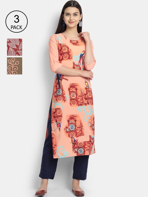 

Ethnic basket Women Pack Of 3 Multicoloured Floral Printed Crepe Kurta, Multi
