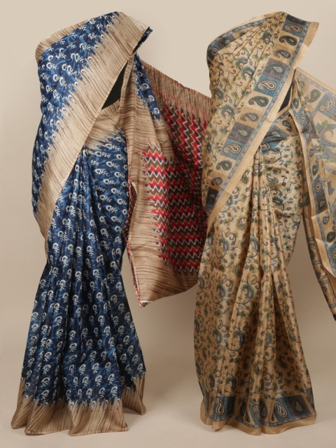 

Pothys Pack Of 2 Blue & Beige Jute Silk Printed Saree