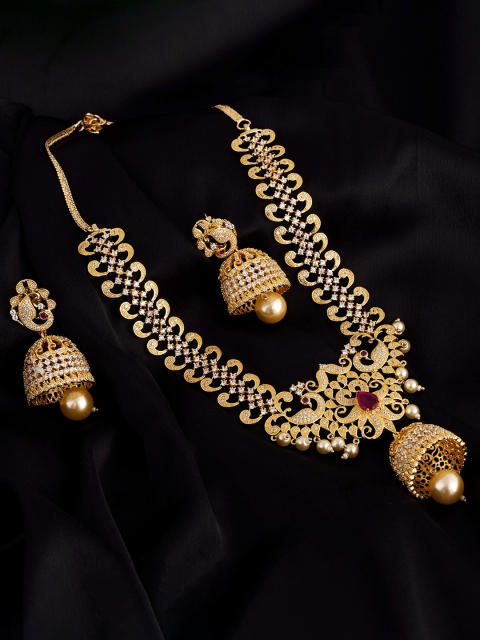 

Saraf RS Jewellery Gold-Plated White & Magenta Pink AD-Studded Pearl Embellished Traditional Handcrafted Jewellery Set