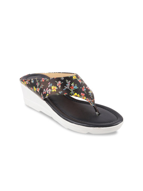 

WALKWAY Women Black & Yellow Floral Print Wedges