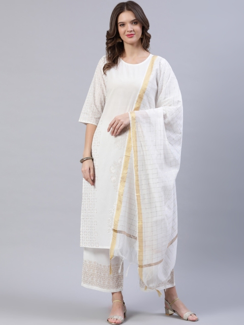 

Nayo Women Off White & Golden Block Print Pure Cotton Kurta & Trousers With Dupatta