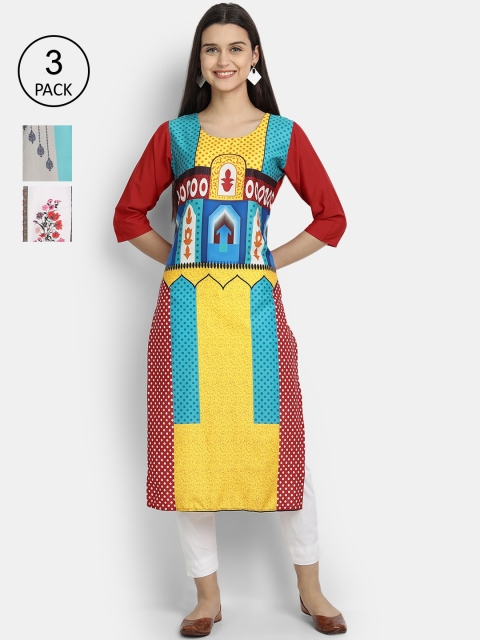 

Ethnic basket Women Pack Of 3 Ethnic Motifs Printed Crepe Kurta, Red