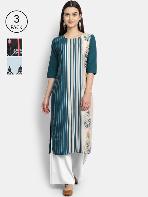 

Ethnic basket Women Pack Of 3 Multicoloured Striped Crepe Kurta, Multi