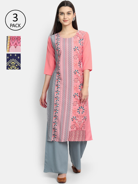 

Ethnic basket Women Pack Of 3 Multicoloured Ethnic Motifs Printed Crepe Kurta, Multi