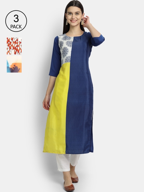 

Ethnic basket Women Pack Of 3 Multicoloured Colourblocked Crepe Kurta, Multi