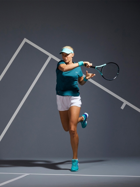 

Artengo By Decathlon Women Teal Blue Tennis Soft 500 Solid V-Neck T-shirt