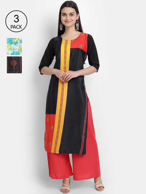 

Ethnic basket Women Pack Of 3 Multicoloured Colourblocked Crepe Kurtas, Multi