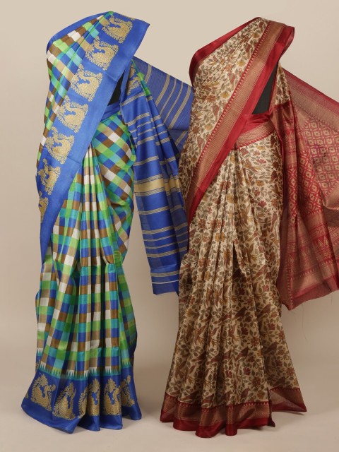 

Pothys Pack of 2 Blue & Red Jute Silk Printed Saree