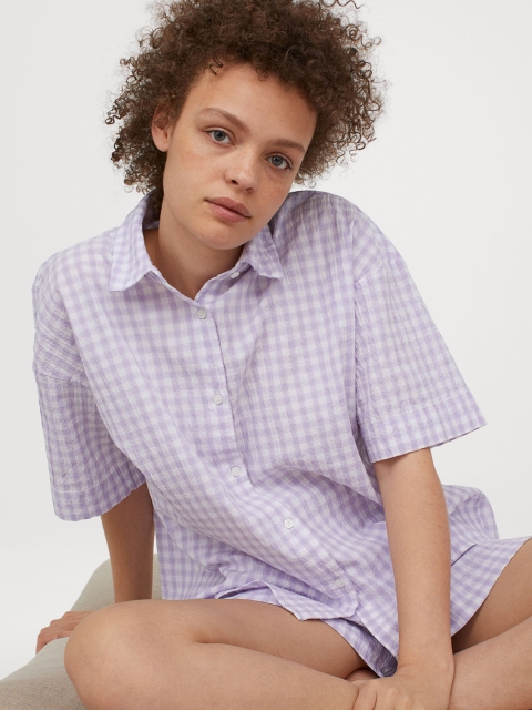 

H&M Women Purple Checked Poplin Night Suit