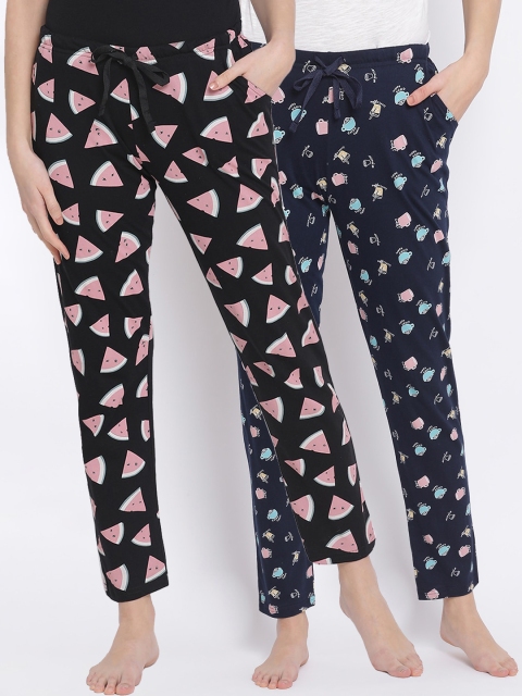 

Kanvin Women Pack Of 2 Printed Pure Cotton Lounge Pants, Navy blue