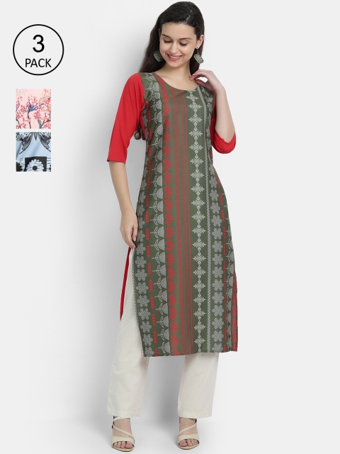Ethnic basket Women Pack Of 3 Multicoloured Ethnic Motifs Printed Crepe Kurta, Multi