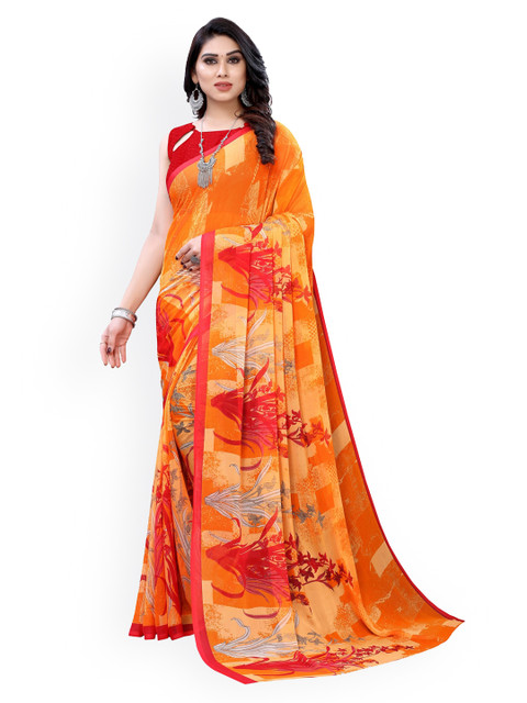 

KALINI Orange Printed Poly Chiffon Saree
