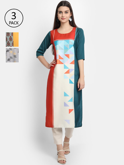 

Ethnic basket Women Pack of 3 Ethnic Motifs Printed Regular Sleeves Thread Kurta, White