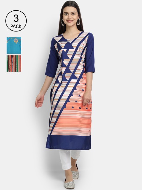 

Ethnic basket Women Pack Of 3 Geometric Printed Crepe Kurta, Navy blue