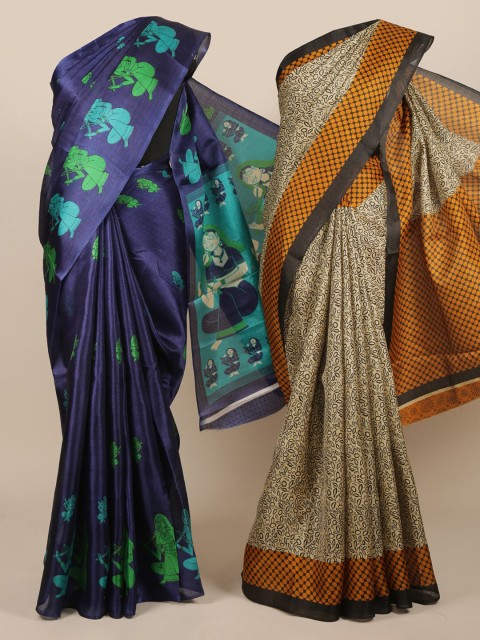 

Pothys Pack of 2 Blue & Cream-Coloured Jute Silk Printed Saree